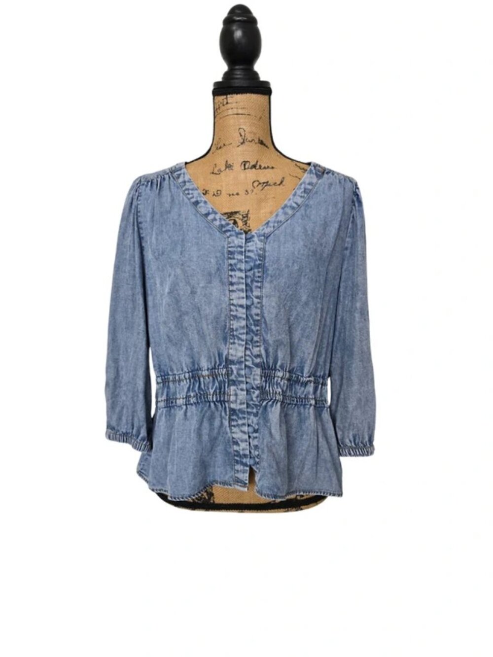 Jane + Delancey Women's Blue Denim Peplum 3/4 Sleeve Blouse Shirt Size Large
